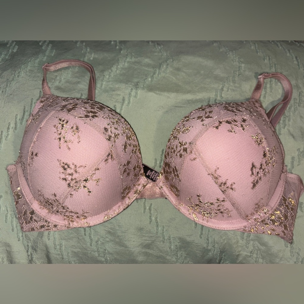 Victoria's Secret Bombshell Pink and Gold Lace Bra